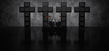 Davul, gitar amfilerinden oluşan dört haçın arka planına kurulmuştu. 3d Hazırlama