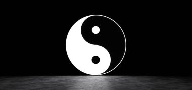 Karanlık uzayda parlayan yin yang sembolü. 3d Hazırlama.