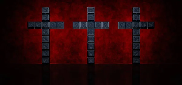 Tres cruces de amplificadores de guitarra resaltados en rojo en un espacio oscuro. Renderizado 3D . —  Fotos de Stock