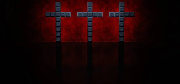Three crosses of guitar amps highlighted in red in a dark space. 3D render.
