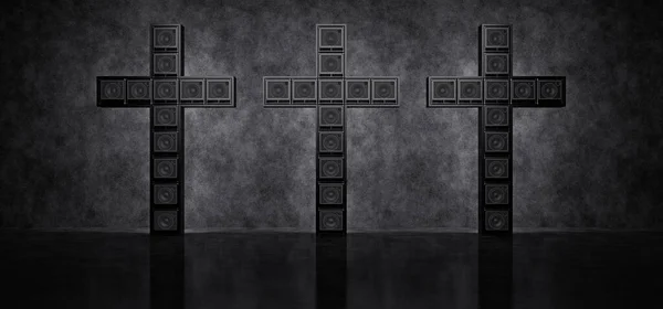 Three crosses made up of guitar amps in a dark space against a concrete wall. 3D Render — Stock Photo, Image
