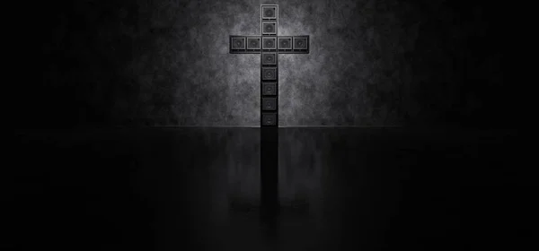 Gitarrenverstärker in Form eines Kreuzes auf einem Betonwandhintergrund. Glühendes Kreuz aus Gitarrenverstärkern. 3d Render. — Stockfoto