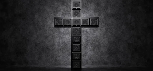 Guitar amplifiers composed in the form of a cross on a concrete wall background. Glowing cross of guitar amps. 3D Render. — Stock Photo, Image