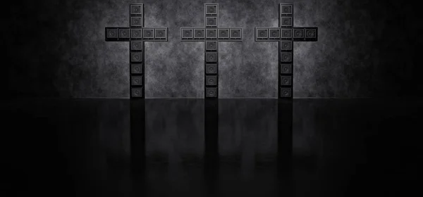 Τρεις σταυροί φτιαγμένοι από ενισχυτές κιθάρας σε σκοτεινό χώρο πάνω σε τσιμεντένιο τοίχο. 3d αποτύπωση — Φωτογραφία Αρχείου