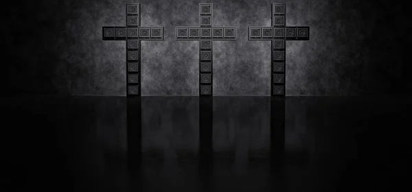 Three crosses made up of guitar amps in a dark space against a concrete wall. 3D Render — Stock Photo, Image