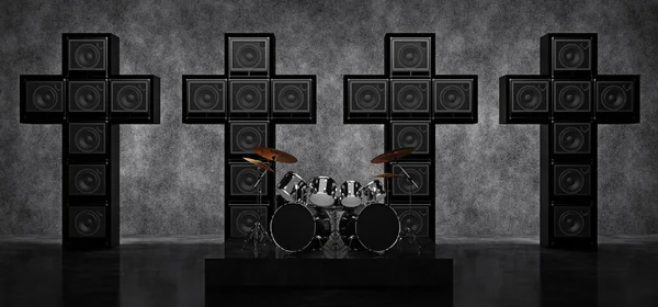 Drum set on the background of four crosses consisting of guitar amps. 3D Render — Stock Photo, Image