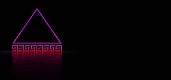 发亮紫色的霓虹灯标志。金字塔底部有古老图案的金字塔3D渲染 — 图库照片