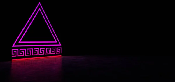 Leuchtende Leuchtreklame in Lila. Eine Pyramide mit antiken Mustern an der Basis. 3D Render — Stockfoto