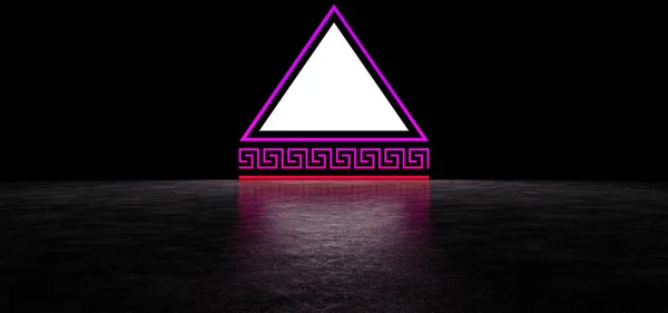 Una pantalla triangular blanca luminosa y rayas luminosas de color púrpura y rojo en un espacio oscuro. Renderizado 3D . —  Fotos de Stock