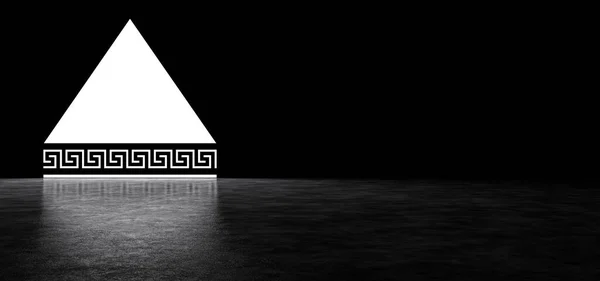 Glowing pyramid with Greek ornament at the base. Glowing abstract triangle portal with antique pattern. 3d render. — Stock Photo, Image