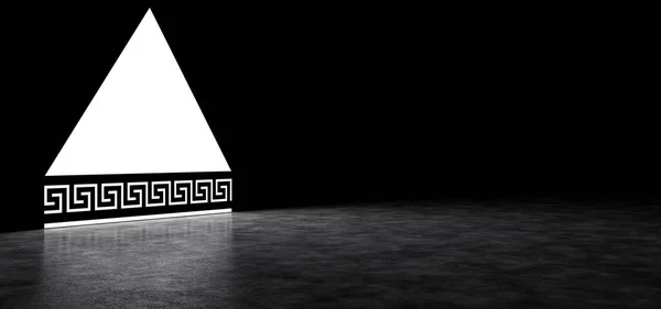 Λαμπερή πυραμίδα με ελληνικό στολίδι στη βάση. Λαμπερό αφηρημένο τρίγωνο πύλη με αντίκες μοτίβο. 3d απόδοση. — Φωτογραφία Αρχείου