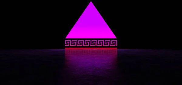 Eine leuchtend lila dreieckige Leinwand und leuchtende Streifen von lila und rot in einem dunklen Raum. 3D Render. — Stockfoto