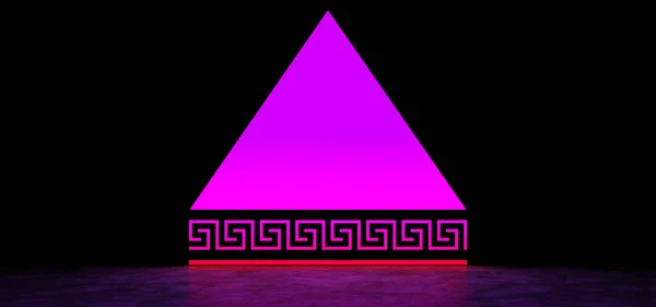Eine leuchtend lila dreieckige Leinwand und leuchtende Streifen von lila und rot in einem dunklen Raum. 3D Render. — Stockfoto