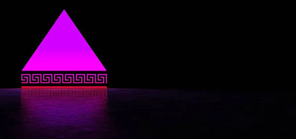 一个明亮的紫色三角形屏幕和明亮的条纹紫色和红色在黑暗的空间。3D渲染. — 图库照片