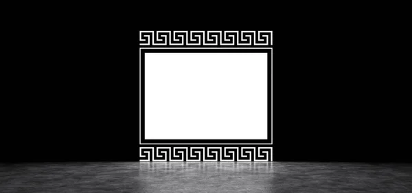 A luminous rectangular screen surrounded by a frame with Greek ornament. Glowing rectangular portal with antique patterns. — Stock Photo, Image