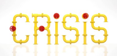 Beyaz arka planda kırmızı yangın musluğu olan sarı borulardan gelen kriz kelimesi parlak zemine yansıyor. 3B Hazırlama