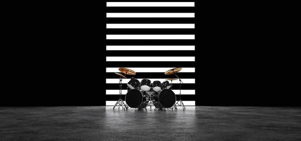 Drum set against the wall of their horizontal luminous stripes. 3D render. — Stock Photo, Image