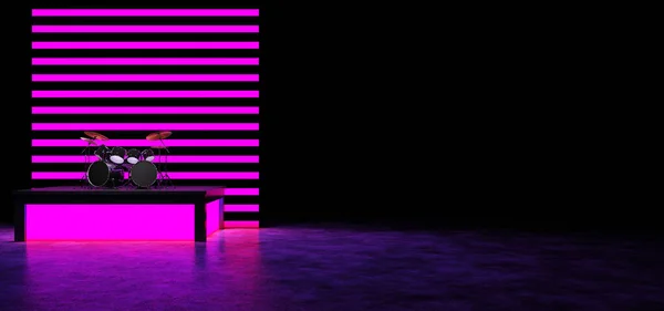 El kit de batería se encuentra en un podio luminoso, y detrás de ellos hay una pared de rayas luminosas horizontales. Renderizado 3D . —  Fotos de Stock