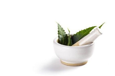 Harç ve havaneli ile tıbbi neem bırakır beyaz arka plan üzerinde