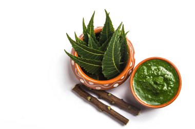 Tıbbi Neem yapıştır ile yaprakları ve beyaz arka plan üzerinde çırpı