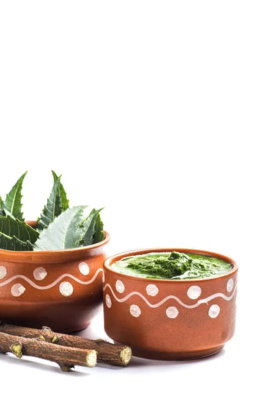 Feuilles de Neem médicinal avec de la pâte et des brindilles sur fond blanc — Photo