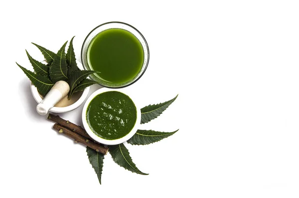 Folhas de Neem medicinal em argamassa e pilão com pasta de neem, suco e galhos — Fotografia de Stock