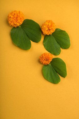 Hint Festivali Dussehra, sarı arka planda altın yaprak (Bauhinia racemosa) ve kadife çiçekleri göstermektedir..