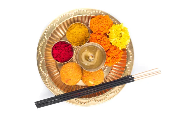 Beautifully Decorated Pooja Thali Festival Celebration Worship Haldi Turmeric Powder — Stock Photo, Image