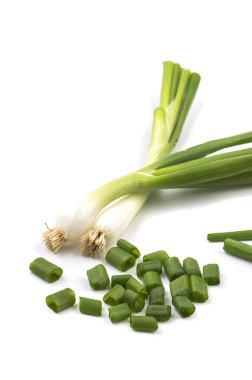 Taze taze taze taze taze taze soğan (soğan veya soğan) ve beyaz arka planda taze doğranmış yeşil soğan.