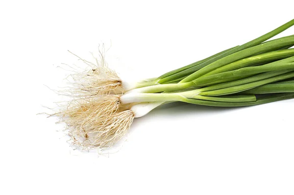 Čerstvé zralé zelené jarní cibule (šalotka nebo hřebenatky) na bílém pozadí — Stock fotografie