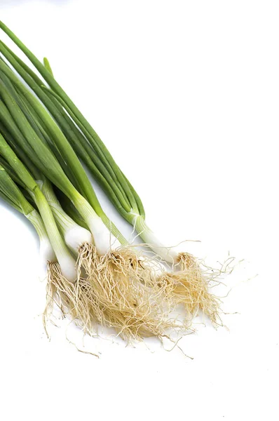 Cipolle primaverili verdi mature fresche (scalogno o scalogno) su fondo bianco — Foto Stock