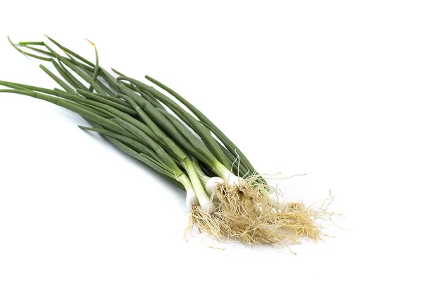 Fresh ripe green spring onions (shallots or scallions) on white background — Stock Photo, Image