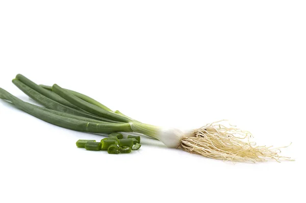 Fresh ripe green spring onions (shallots or scallions) on white background — Stock Photo, Image