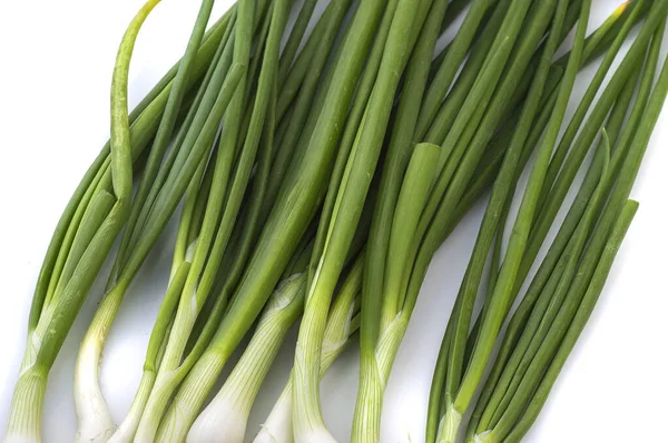 Färska mogna gröna våren lök (schalottenlök eller scallions) på vit bakgrund — Stockfoto