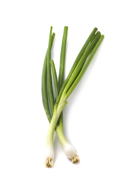Friss érett zöldhagyma (mogyoróhagyma vagy mogyoróhagyma) fehér alapon — Stock Fotó