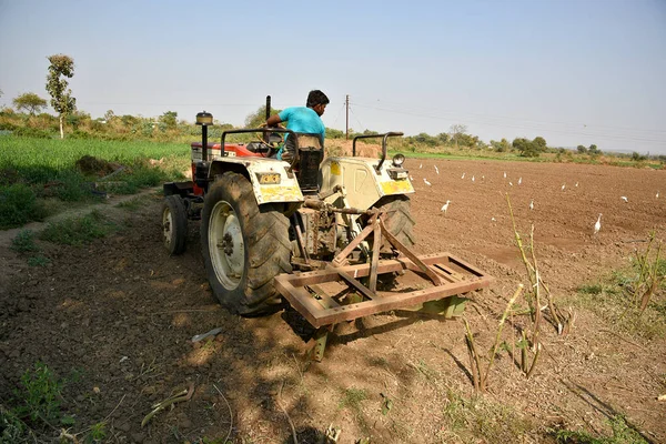 Amravati, Maharashtra, Indie - 03 lut 2017: Niezidentyfikowany rolnik w ciągniku szykującym grunt do siewu z sadzonką kultywatorem. — Zdjęcie stockowe