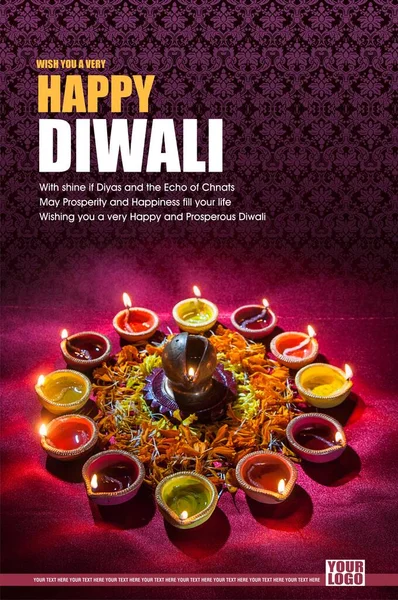 贺卡设计：在Diwali庆典期间点燃的粘土灯具。 印度印度教灯节叫做Diwali — 图库照片