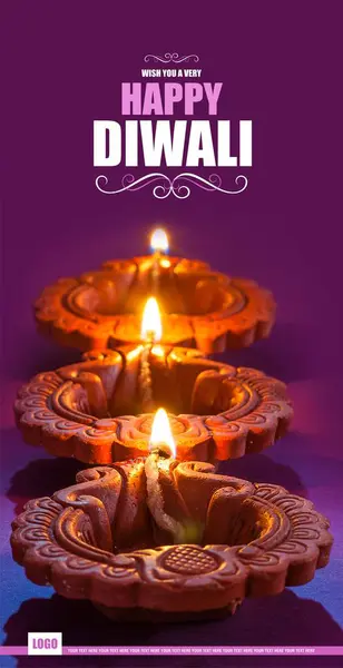 Greetings Card Design: Clay diya lamps lit during Diwali Celebration. Indian Hindu Light Festival called Diwali — Stock Photo, Image