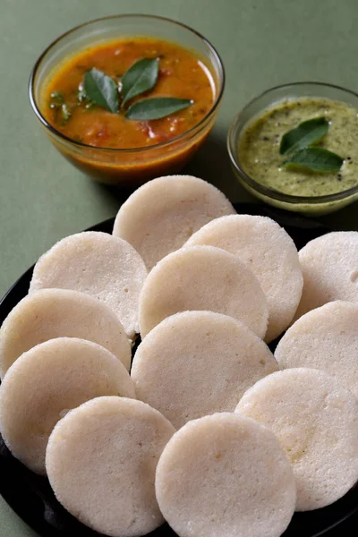 Idli Mit Sambar Und Kokosnuss Chutney Indisches Gericht Südindisches Lieblingsessen — Stockfoto