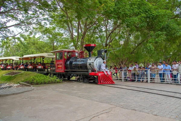 Anand Sagara Shegaon, Maharashtra, India, 10 July 2017: Unidentified tourist enjoy mini train at Anand Sagar Shri Saint Gajanan Maharaj Sansthan. 阿南萨加尔是谢冈的旅游胜地 — 图库照片