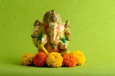 Hindu tanrı Ganesha. Yeşil Arkaplanda Ganesha Idol