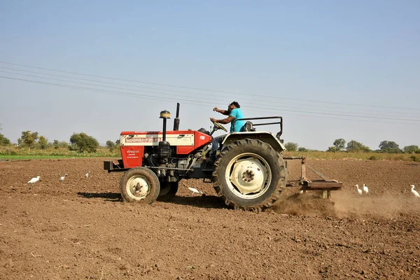 AMRAVATI, MAHARASHTRA, INDIA - 03 FEB 2017: Uidentificeret landmand i traktor forbereder jord til såning med såbed kultivator . - Stock-foto