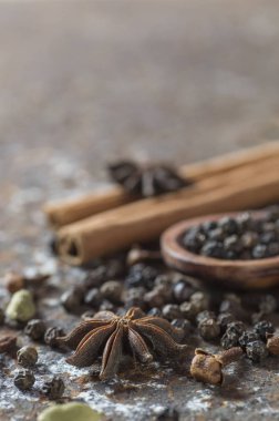 Baharatlar ve bitkiler. Yiyecek ve mutfak malzemeleri. Tarçın çubukları, anason yıldızları, karabiber ve dokulu arka planda kakule..