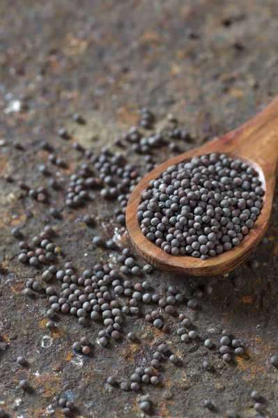 Brown Mustard Seeds in wooden spoon on a textured background — Stock Photo, Image