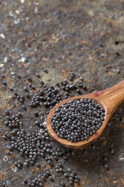 Brown Mustard Seeds in wooden spoon on a textured background — Stock Photo, Image