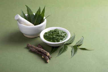 Harç ve havaneli ile tıbbi Neem yaprağı yapıştırın ve üzerinde yeşil renkli çırpı