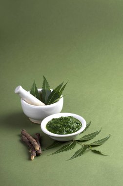 Harç ve havaneli ile tıbbi Neem yaprağı yapıştırın ve üzerinde yeşil renkli çırpı