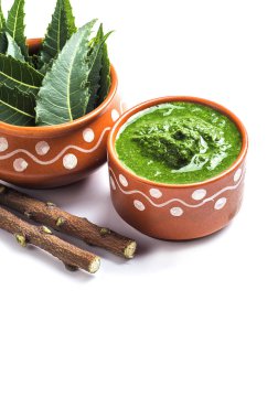 Tıbbi Neem yapıştır ile yaprakları ve beyaz arka plan üzerinde çırpı