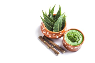 Tıbbi Neem yapıştır ile yaprakları ve beyaz arka plan üzerinde çırpı