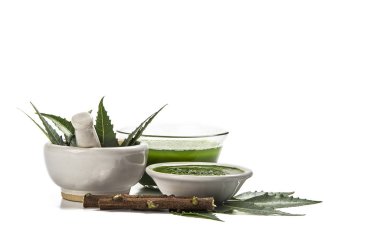 Beyaz zemin üzerine harç ve havaneli neem Yapıştır, suyu ve dallar ile tıbbi Neem yaprağı